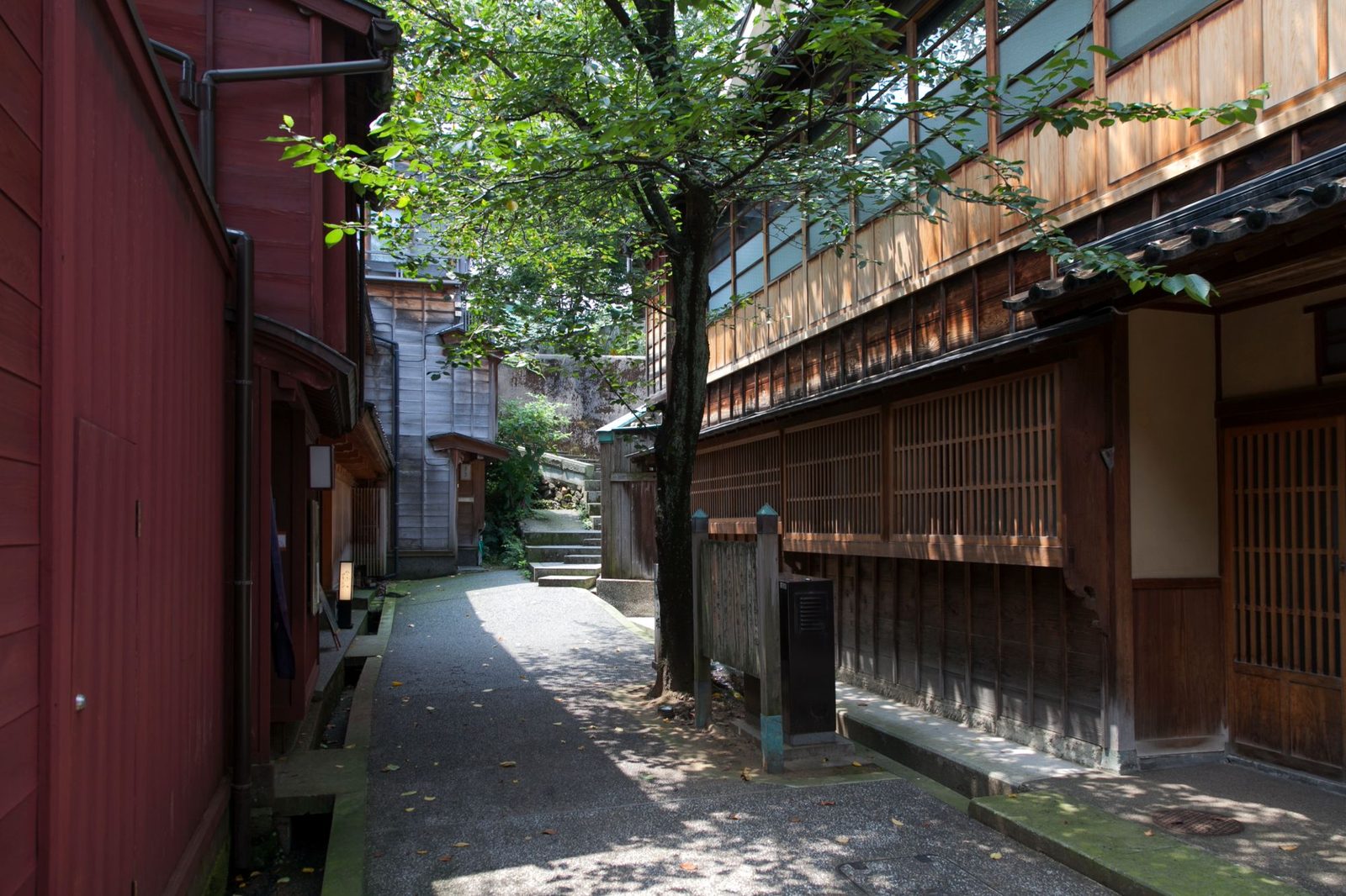 主計町の路地。弁柄塗りの壁と木立、奥へ続く石段