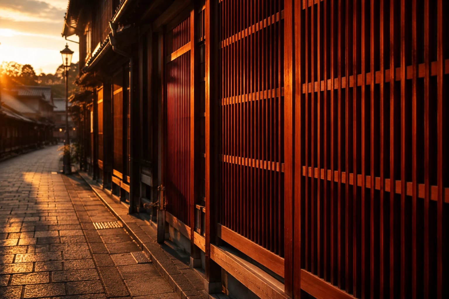 夕日に染まる弁柄格子