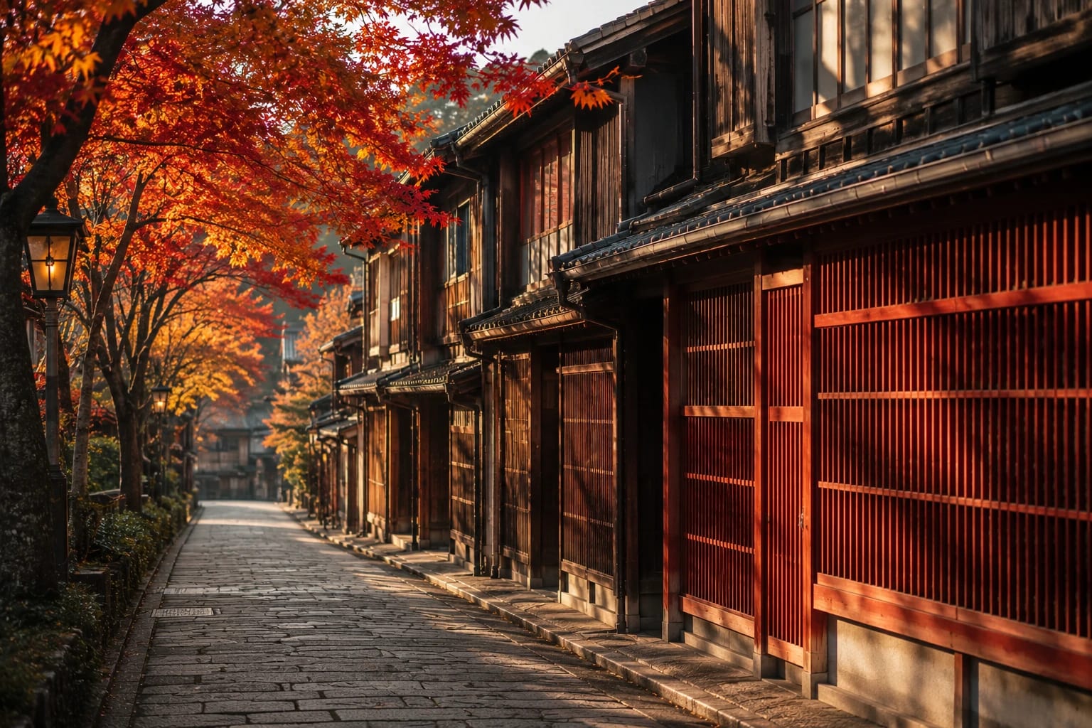 紅葉と茶屋街の街並み