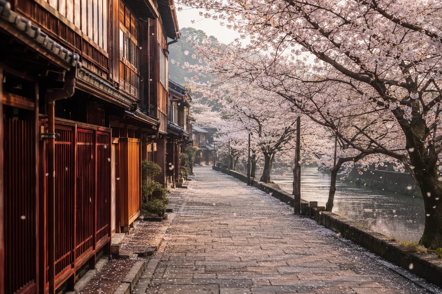 春の浅野川沿いの桜並木