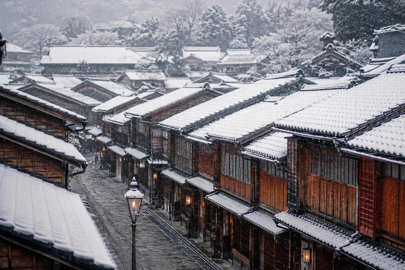 雪化粧した茶屋街の屋根並み