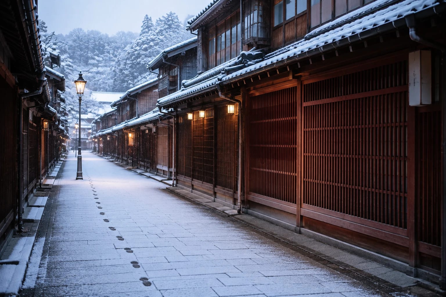 雪の日の石畳の通り